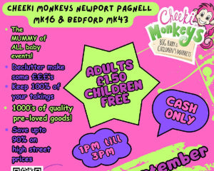 Promotional poster for a children's market event with colorful text and graphics on a pink background.