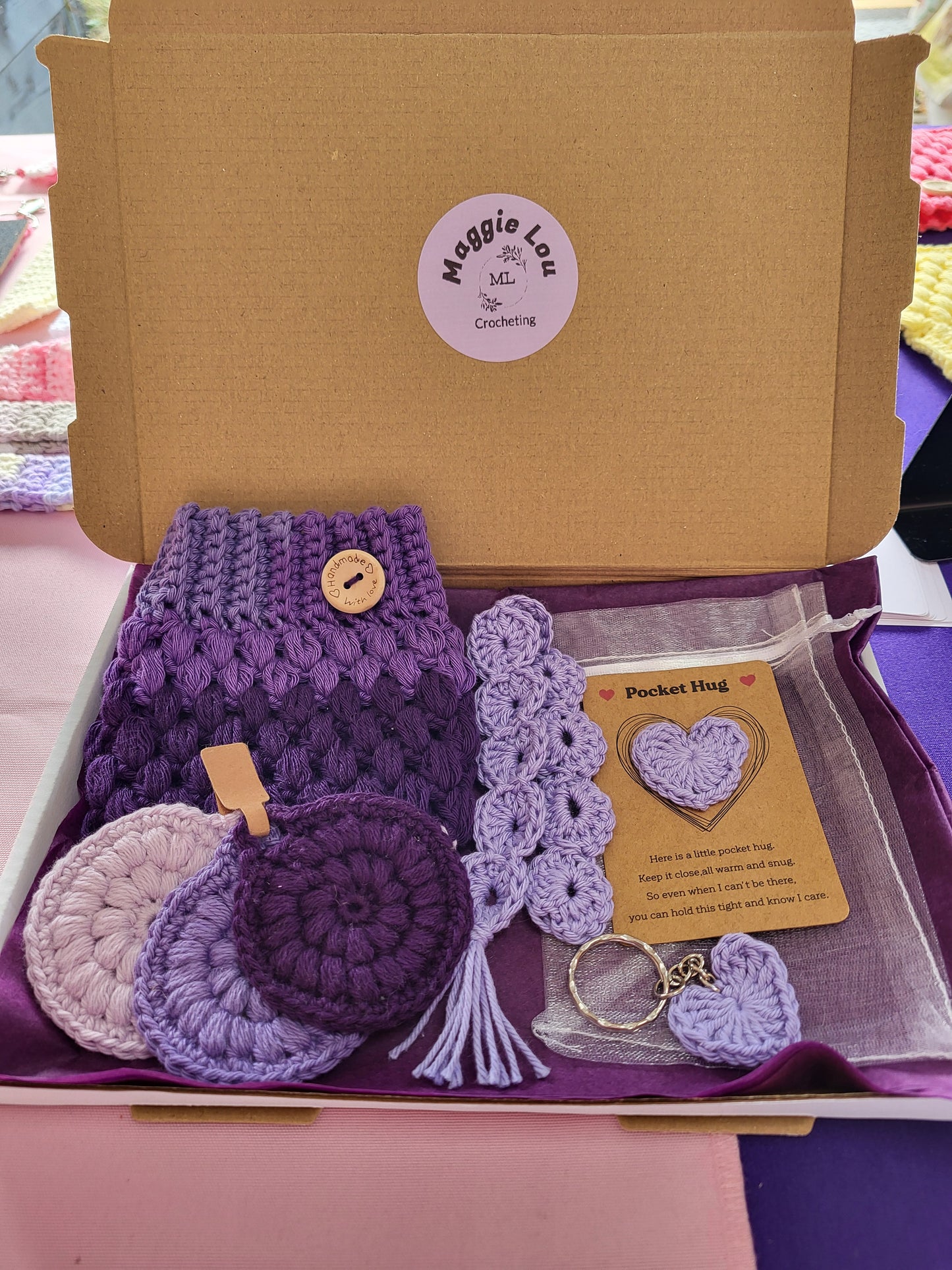 Handmade Crochet Gift Set – Cup Cosy, Pocket Hug, Keyring, Face Scrub & Bookmark