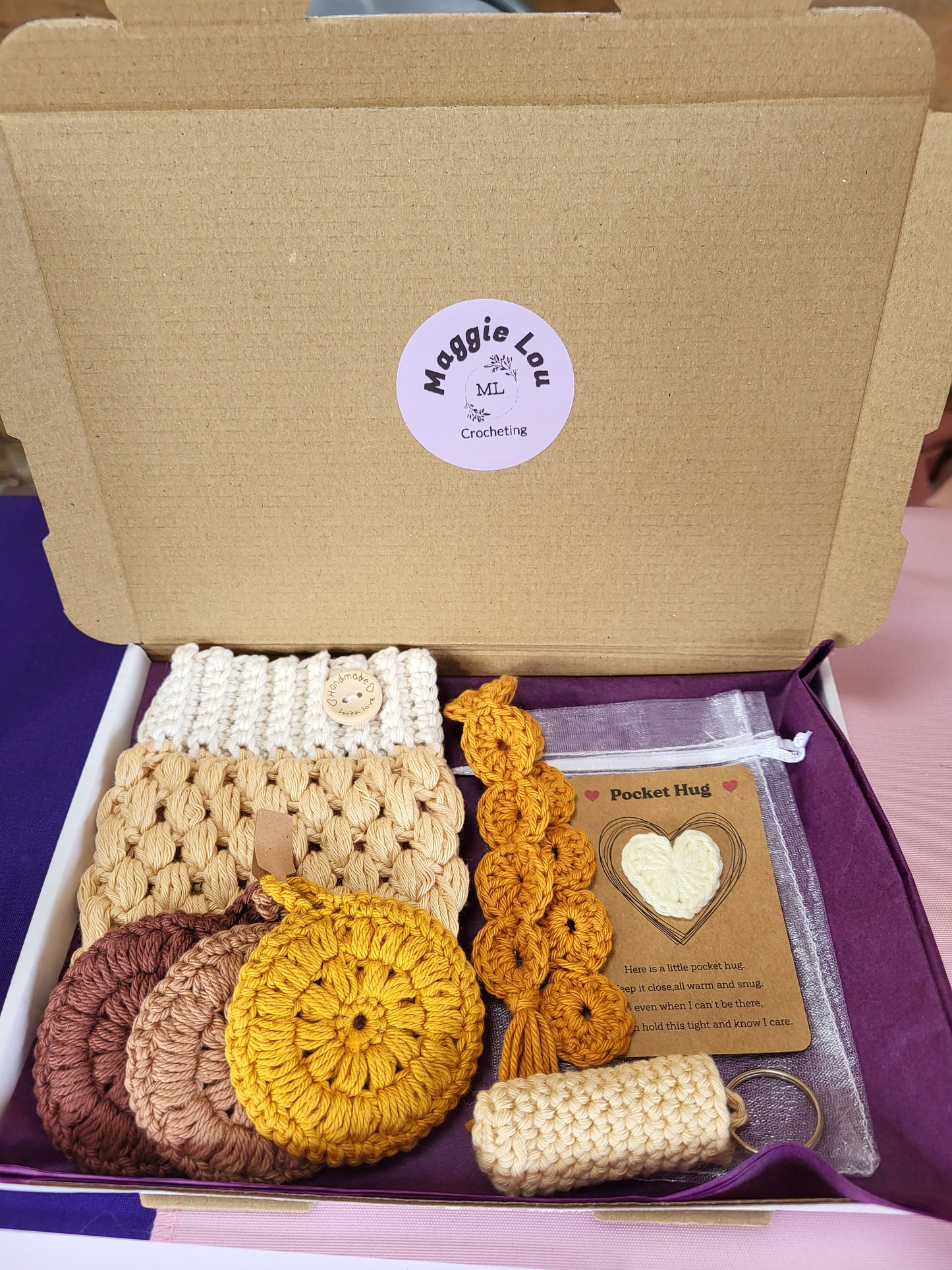 Handmade Crochet Gift Set – Cup Cosy, Pocket Hug, Keyring, Face Scrub & Bookmark