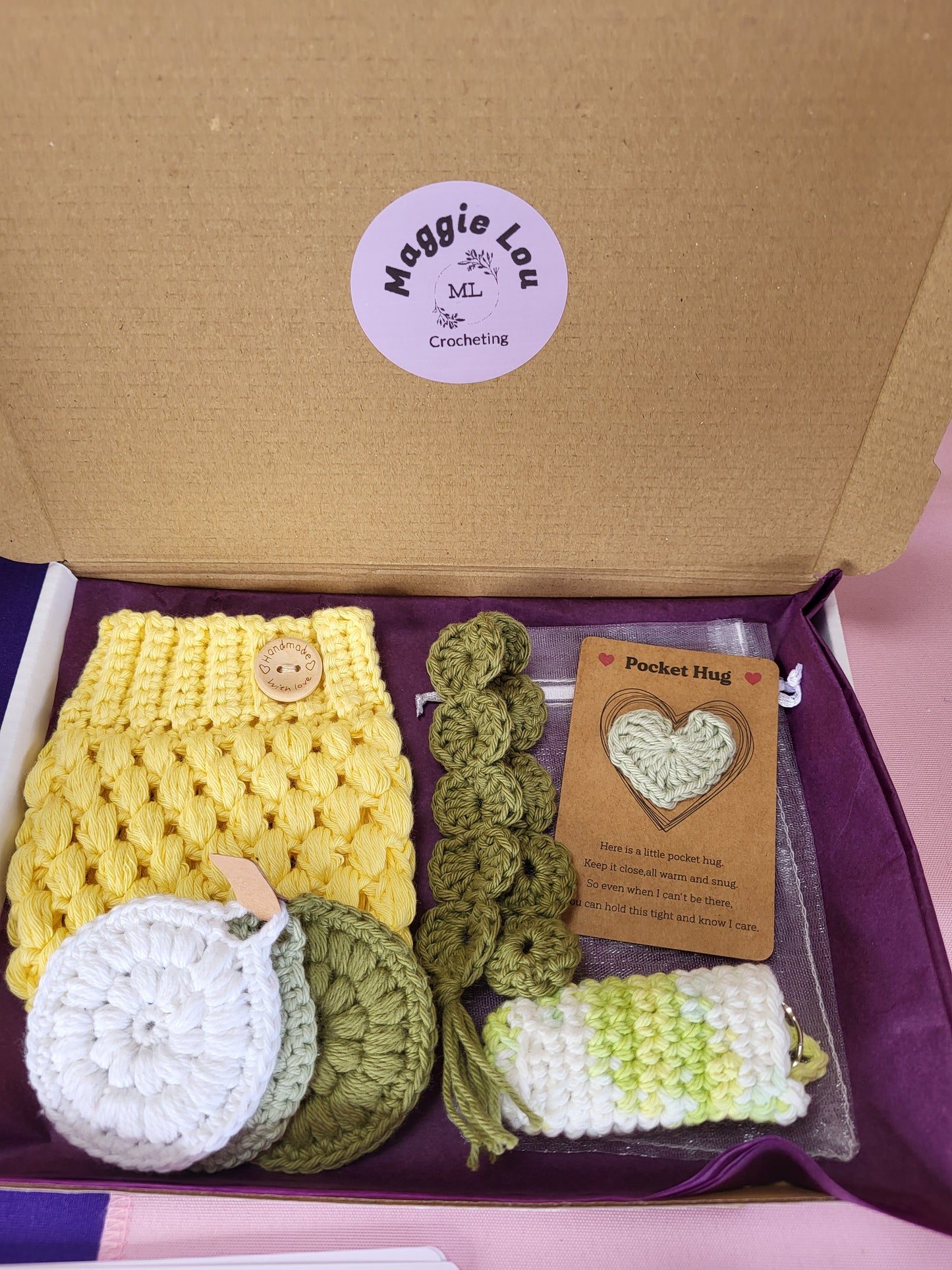 Handmade Crochet Gift Set – Cup Cosy, Pocket Hug, Keyring, Face Scrub & Bookmark