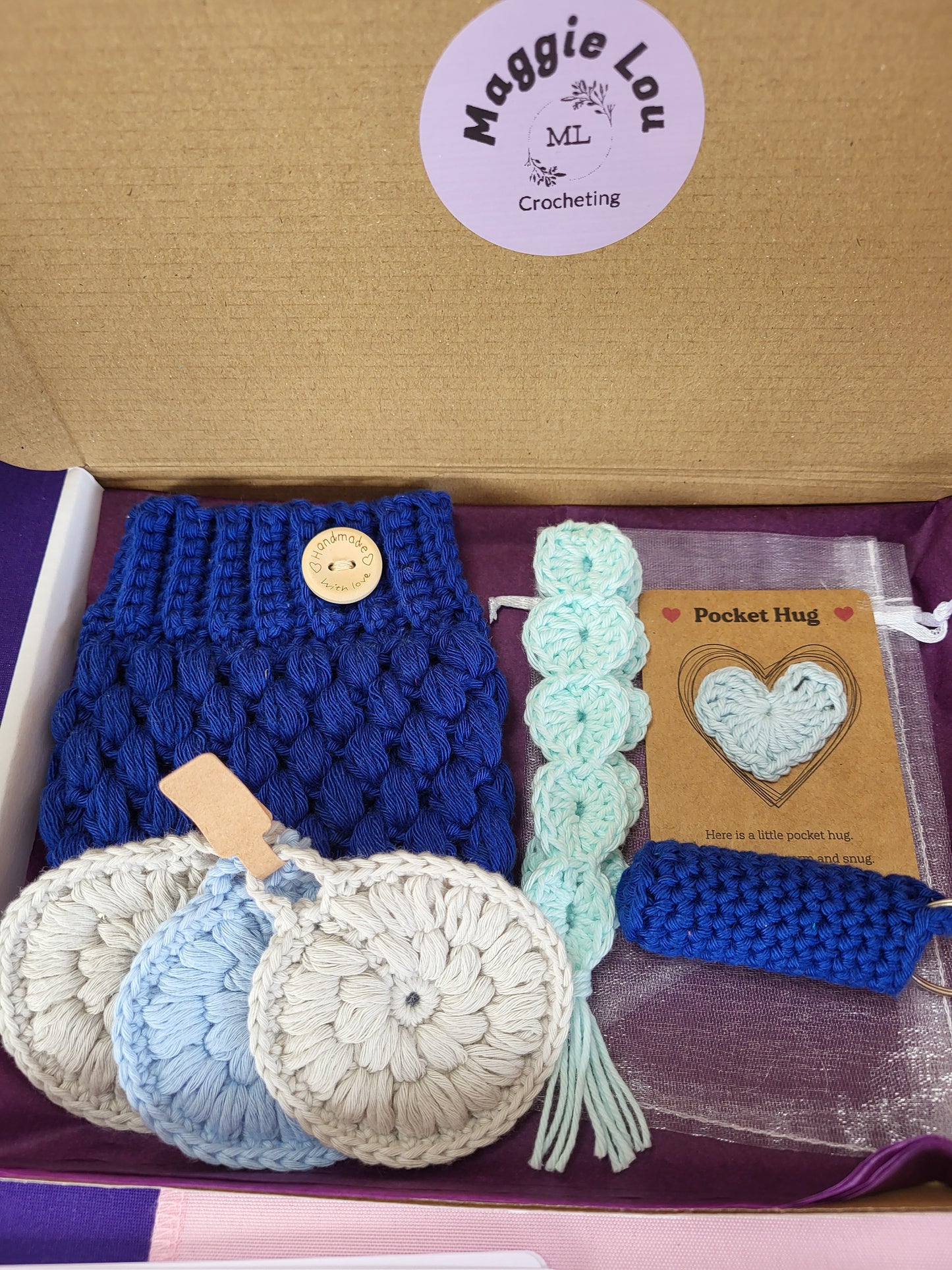 Handmade Crochet Gift Set – Cup Cosy, Pocket Hug, Keyring, Face Scrub & Bookmark